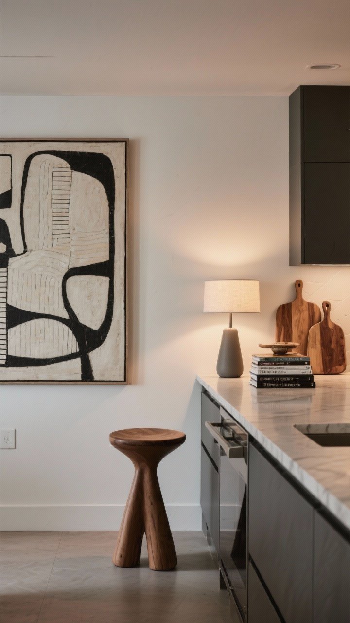 Medium shot: Personality with restraint. A large-scale contemporary art piece on a clean wall near the kitchen, a sculptural statement stool at the island, and a slim table lamp with a matte ceramic base on the counter. A neat stack of cookbooks and leaning wood cutting boards add warmth. Warm dimmed lighting keeps it chic, not cluttered.
