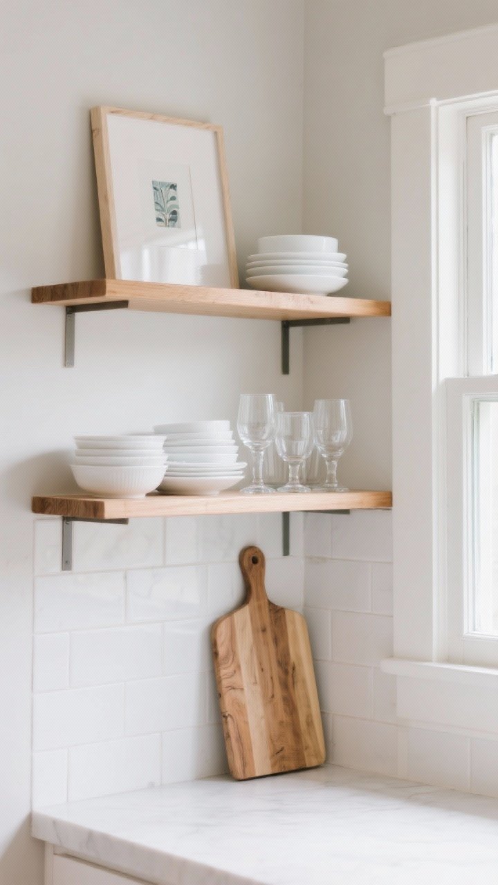 Medium shot: Practical open shelving. Floating wood shelves styled with cohesive white everyday dishes, clear glassware, and a leaning wood cutting board. A small framed print anchors the display. Repeated materials create easy harmony against a calm, light backsplash. Bright, natural window light keeps it airy.