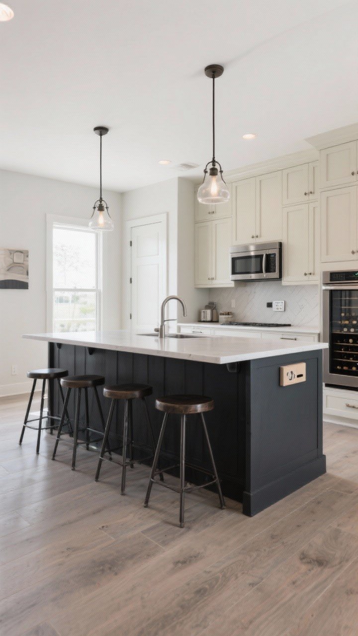 Wide shot: A bold island moment. A dark charcoal island contrasts with light perimeter cabinets, seating for four with 24 inches per stool and a 12-inch overhang. Built-in drawer microwave, hidden pop-up outlet on the counter, and a slim under-counter wine fridge. Pendant lighting frames the island; space planned for generous walkways.