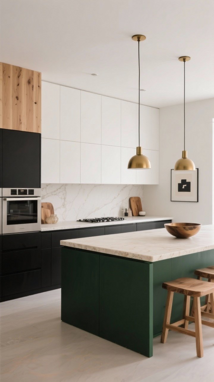 Wide shot: A modern kitchen with a tight color palette of white, black, and warm wood. Matte white upper cabinets, black lower cabinets, and natural oak accents; calm large surfaces with a subtle creamy stone countertop and a white slab backsplash. A deep green island with satin brass pendants provides a controlled pop of color. Minimal art and a sculptural bowl add personality. Soft, warm lighting for an inviting, designer look.