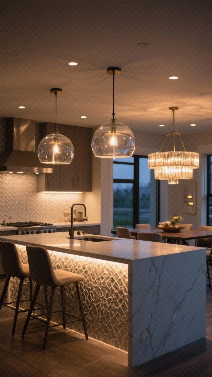 Wide shot: Layered lighting in a modern kitchen. Two oversized pendants with clear glass shades over a waterfall island, under-cabinet LED strips illuminating a textured backsplash, and a statement chandelier over a dining nook. All fixtures on dimmers, shown in a warm evening glow that transitions from task to ambient.