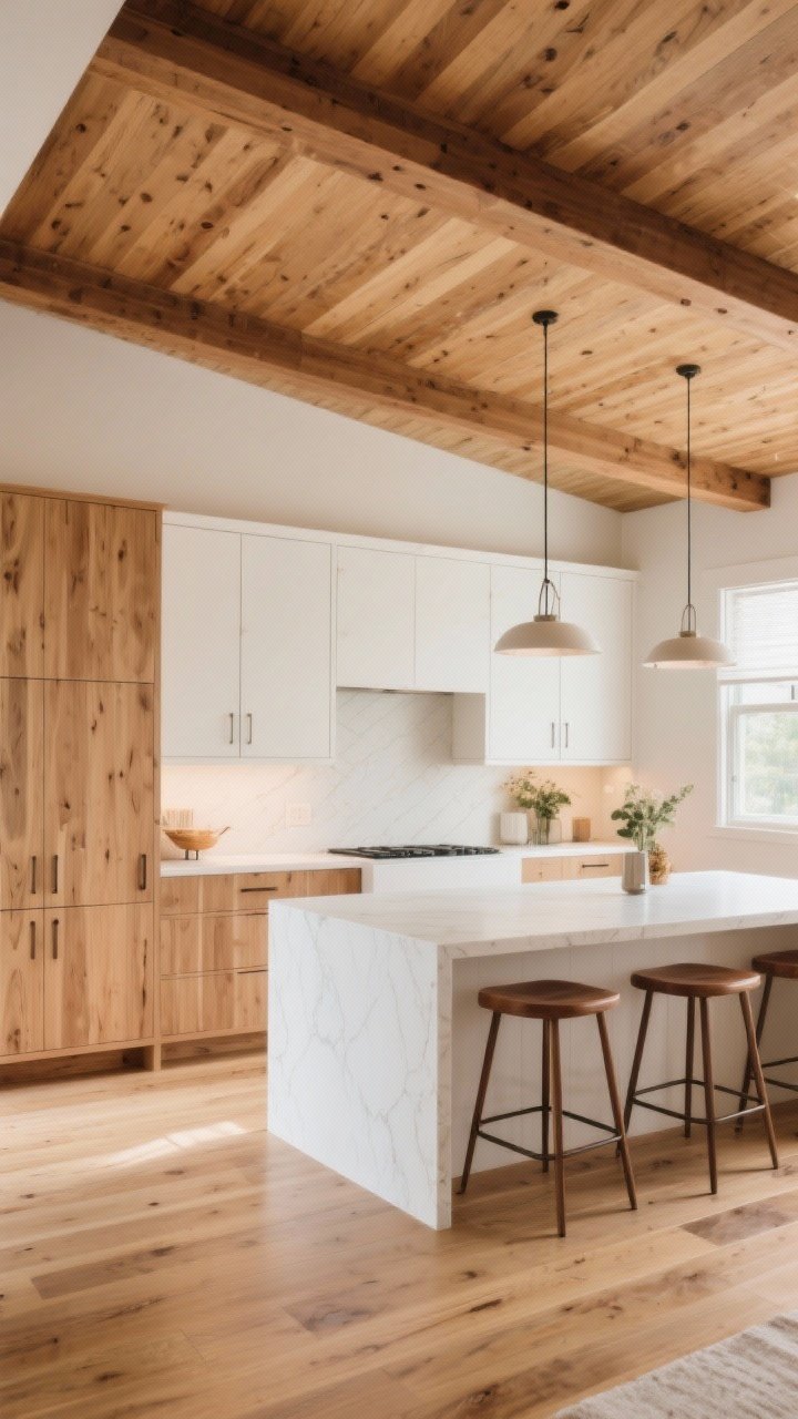 Wide shot: Warmth through wood tones. White oak lower cabinets paired with soft white painted uppers (two-tone balance), walnut bistro stools at the island, and matching wood beams/slatted ceiling detail. Consistent warm wood finishes tie with mid-tone wood floors. Soft daylight enhances the cozy-modern atmosphere.
