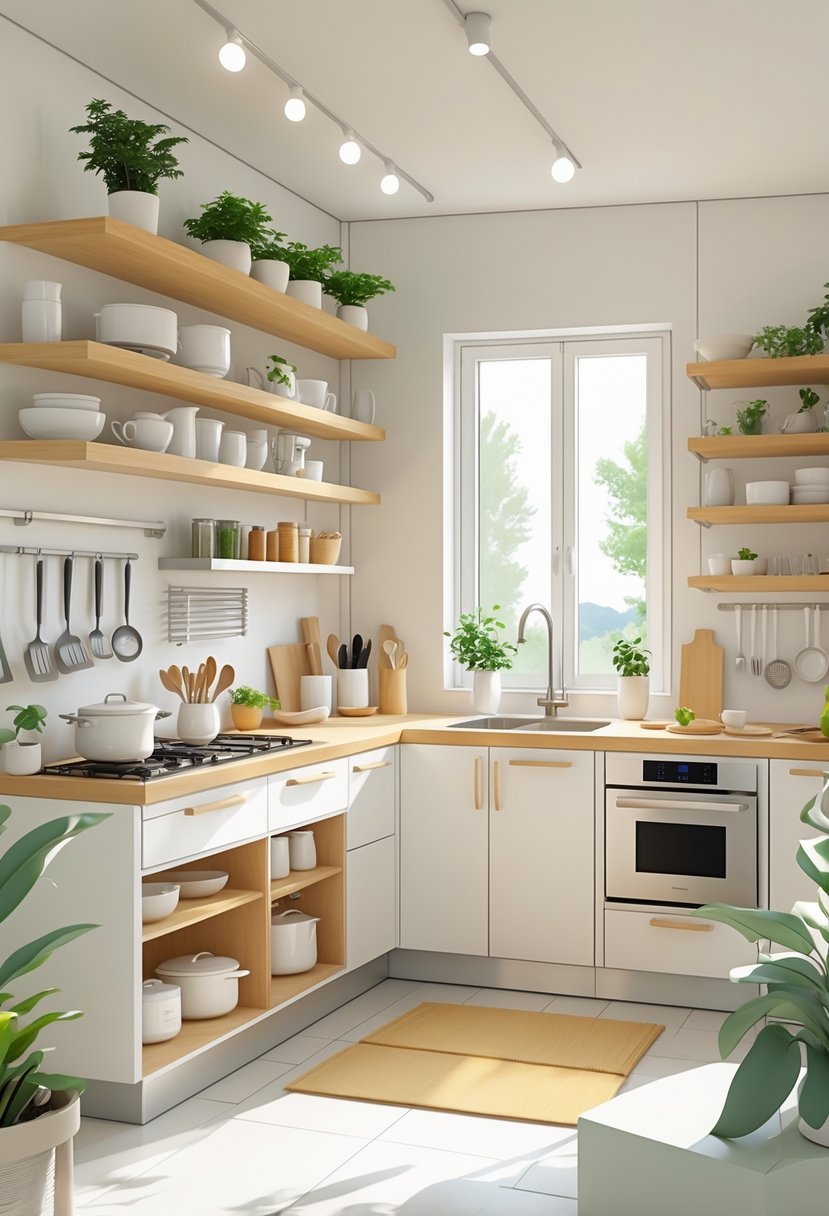 A small modern kitchen with space-saving features like foldable tables, vertical shelves, pull-out cabinets, and a multi-functional island, arranged to maximize efficiency and comfort.