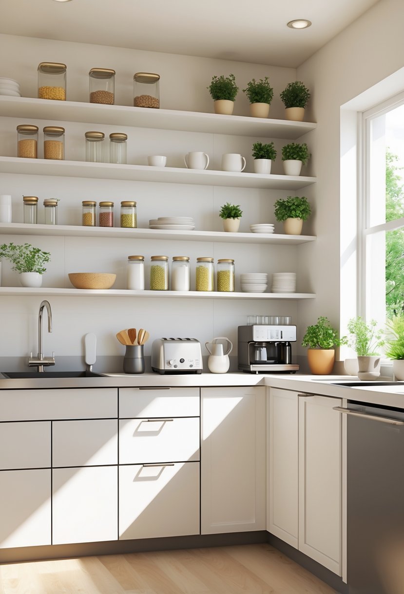 A small kitchen with open shelves holding kitchenware and plants above a countertop and lower cabinets.