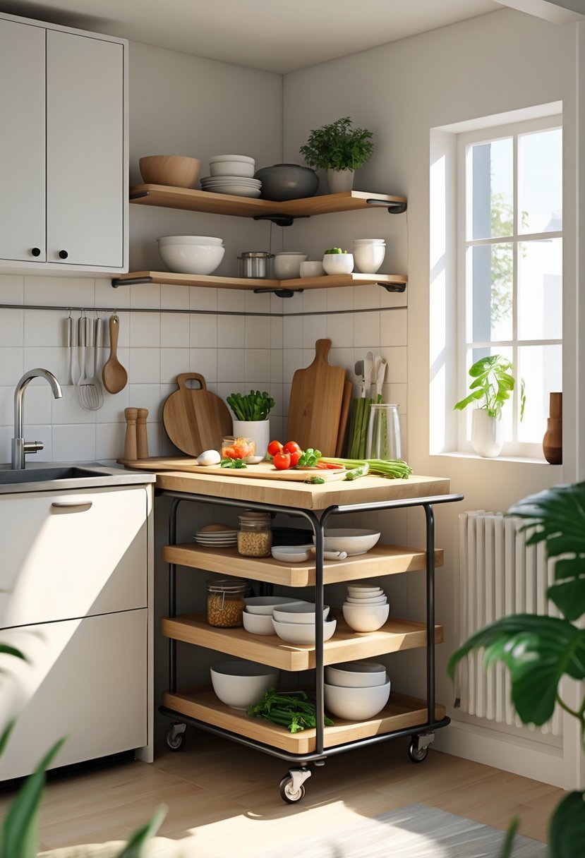 A small kitchen corner with a rolling kitchen cart used for food preparation and storage, showing organized shelves and fresh vegetables on the countertop.