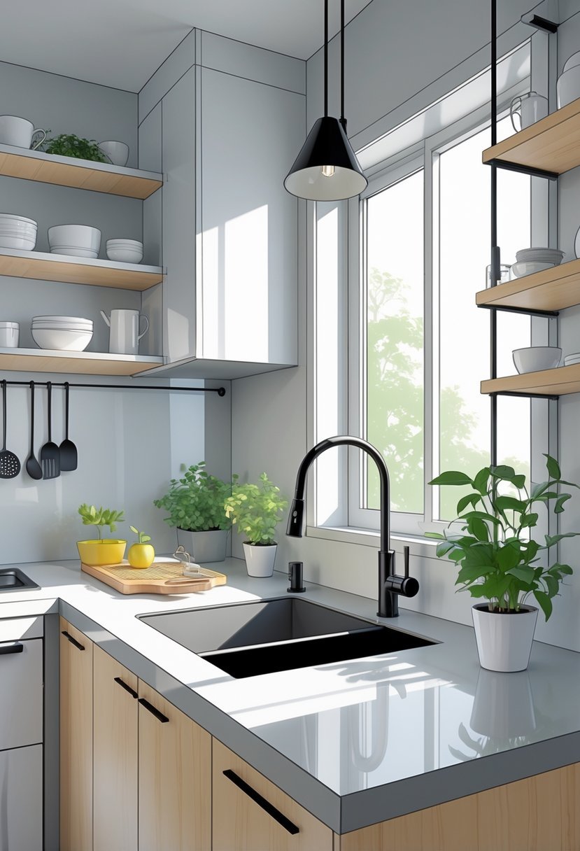 A small kitchen with a compact single-basin sink, countertop, cabinets, and natural light coming through a window.