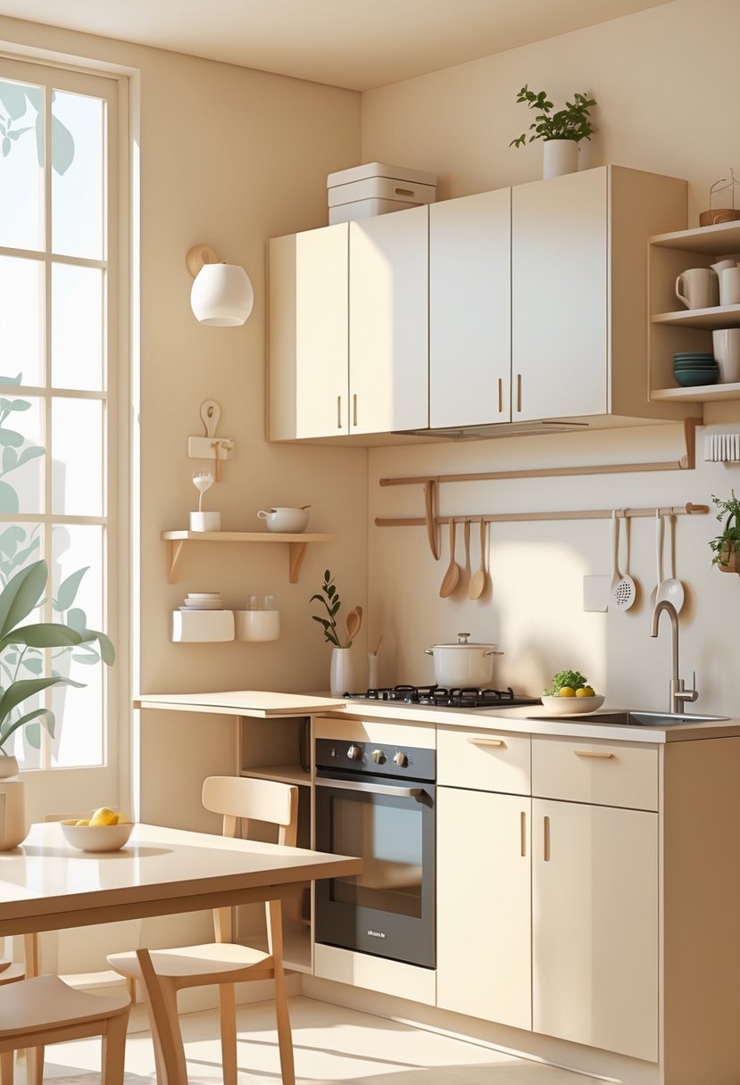 A small kitchen with a fold-down wall-mounted table unfolded and in use, surrounded by organized cabinets and kitchen appliances.