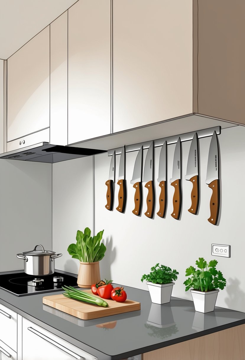 A small kitchen corner with knives stored on a magnetic strip mounted on the wall above a countertop with a cutting board and vegetables.