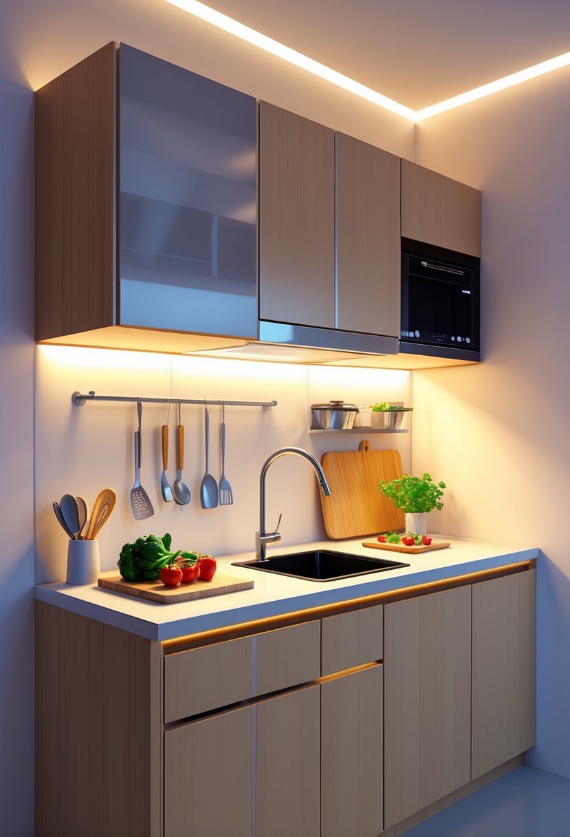 A small kitchen workspace brightly lit by under-cabinet lights beneath upper cabinets, showing a countertop with kitchen utensils and fresh vegetables.
