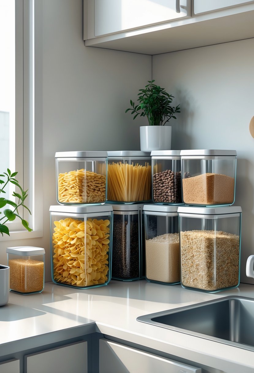A small kitchen countertop with clear containers holding dry goods like pasta and rice, arranged neatly for easy visibility and organization.