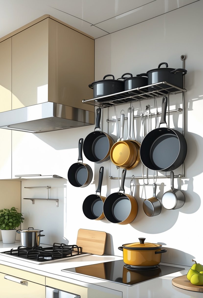 A small kitchen with a wall-mounted rack holding pots and pans above a countertop.