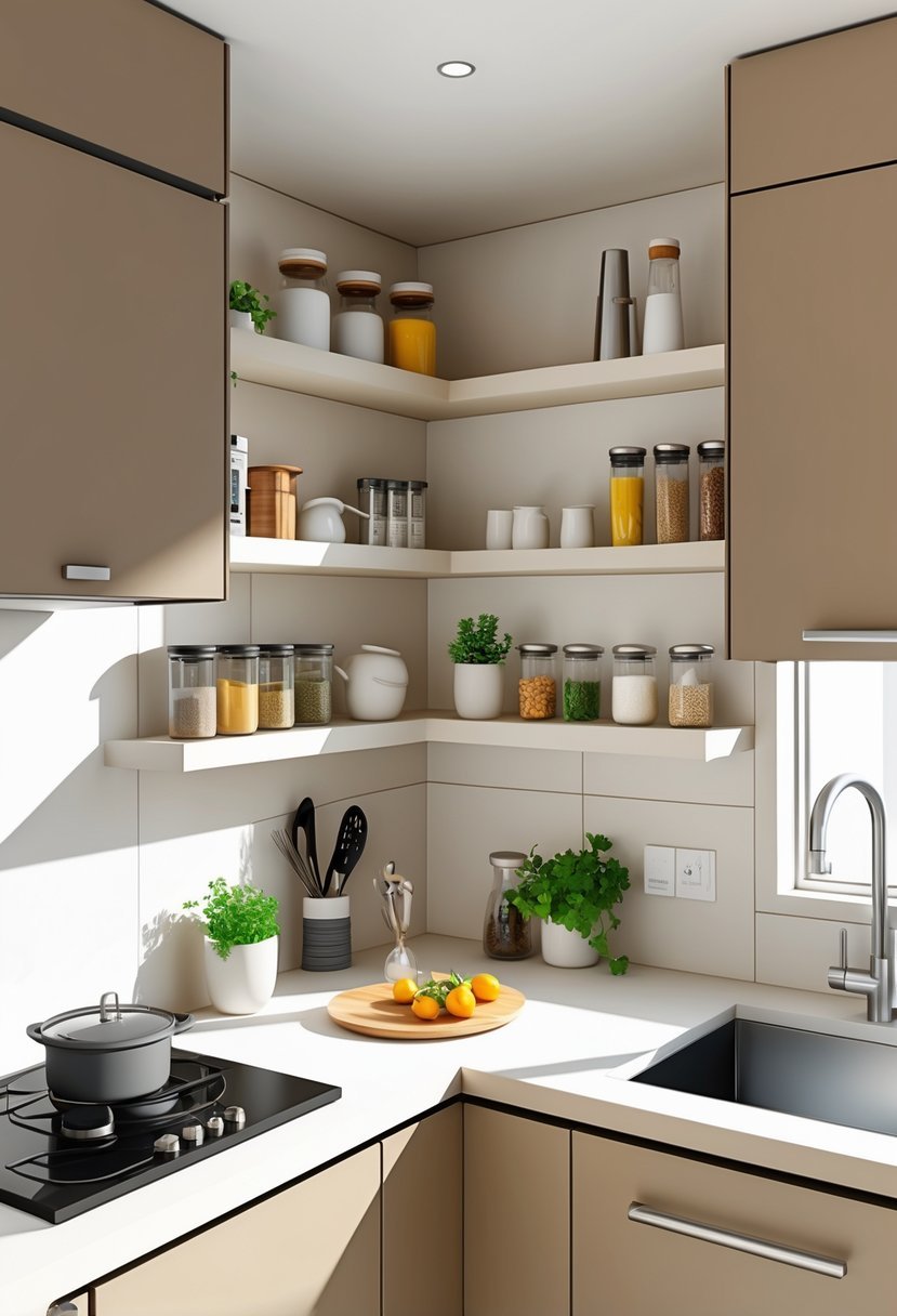 A small kitchen corner with integrated corner shelves holding spices, herbs, and utensils above a countertop.