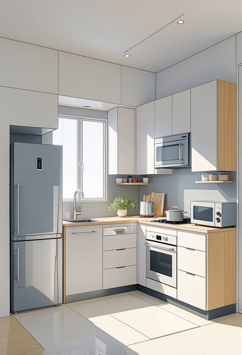 A small modern kitchen with slim-profile appliances and efficient layout designed to maximize space.
