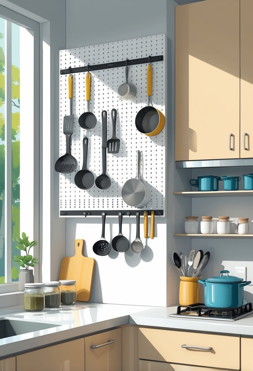 A small kitchen corner with a pegboard on the wall holding various kitchen utensils and tools, above a countertop with jars and a cutting board.