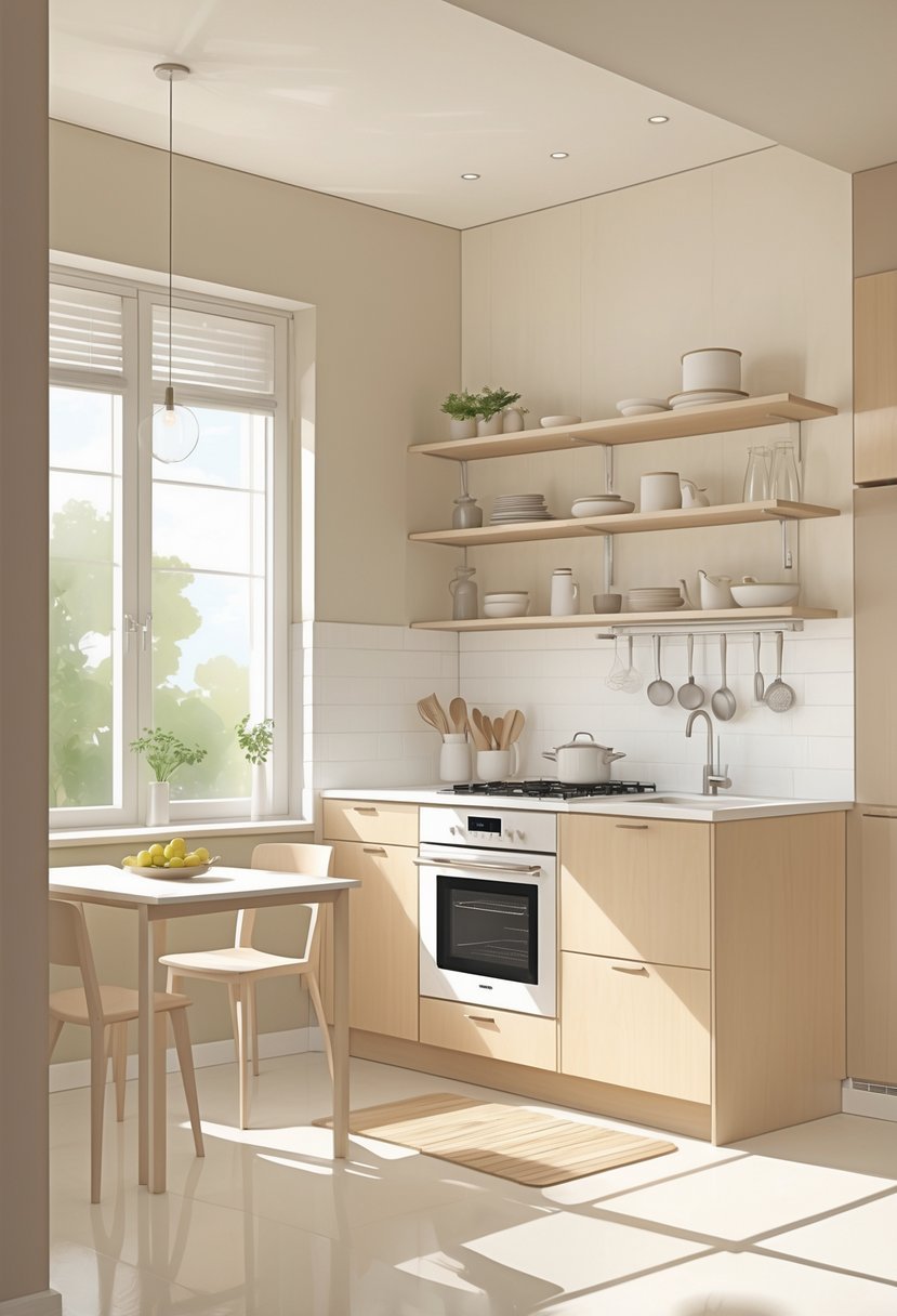 A small kitchen with light-colored walls, wooden cabinets, a window letting in natural light, and a compact dining area.