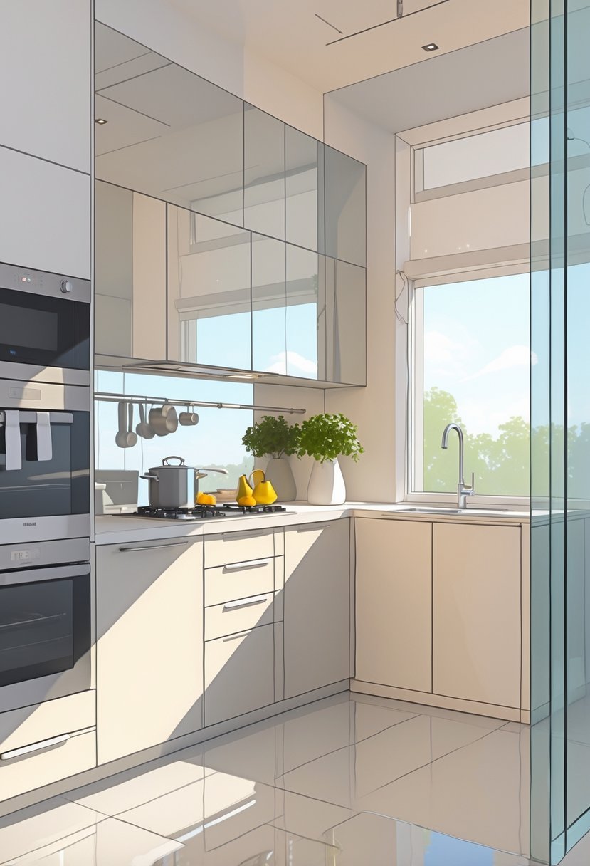 A small modern kitchen with a mirror backsplash that makes the space look larger and brighter.