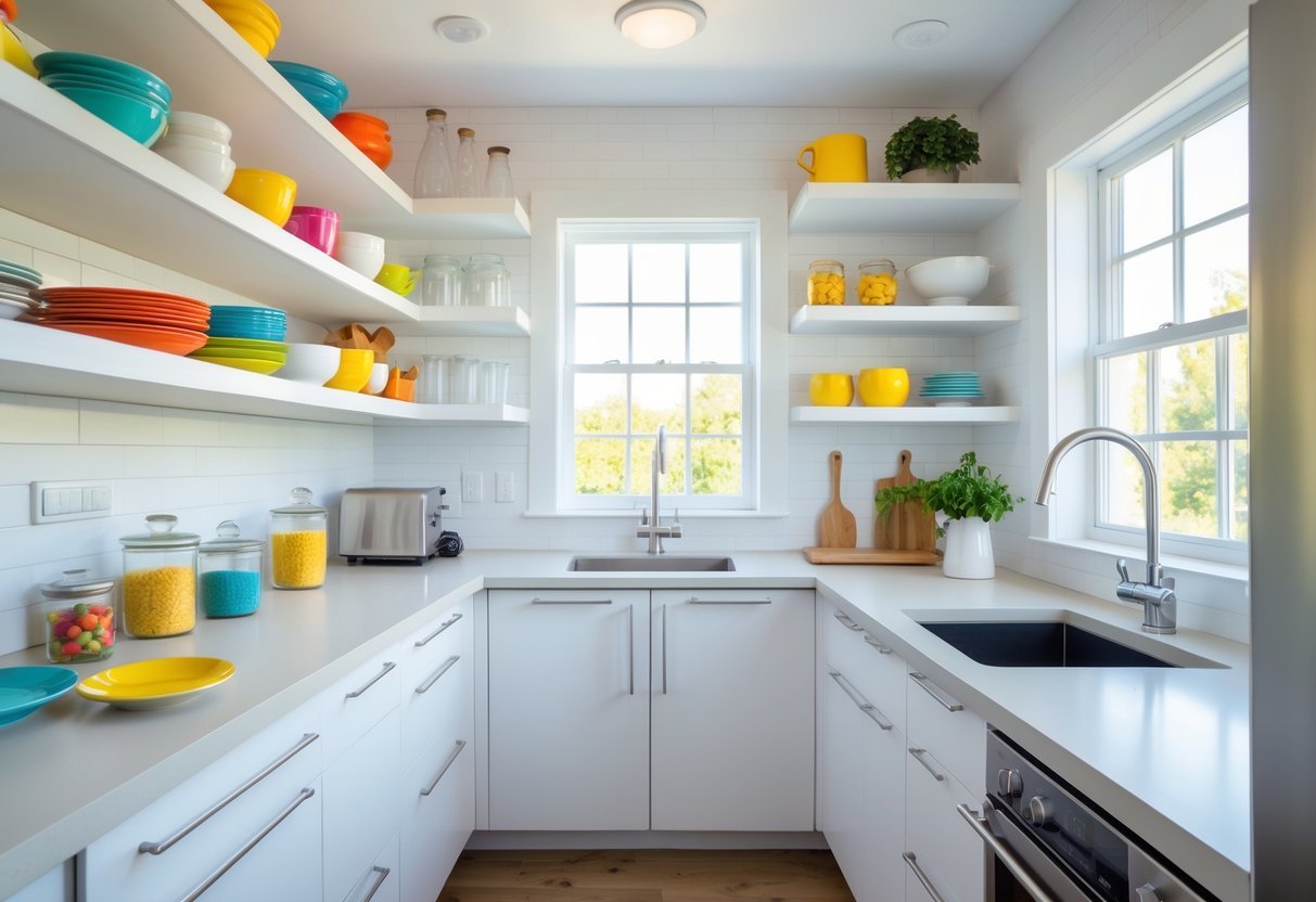 A small kitchen with open shelves holding dishes and jars, bright natural light, and organized kitchen essentials.