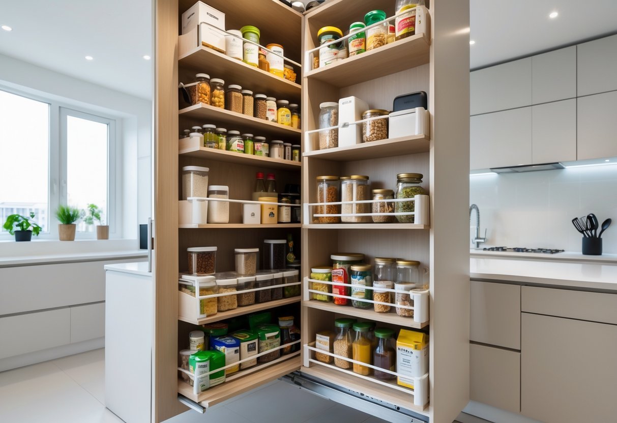 Open pull-out pantry rack in a modern kitchen with neatly organized food items and kitchen supplies.