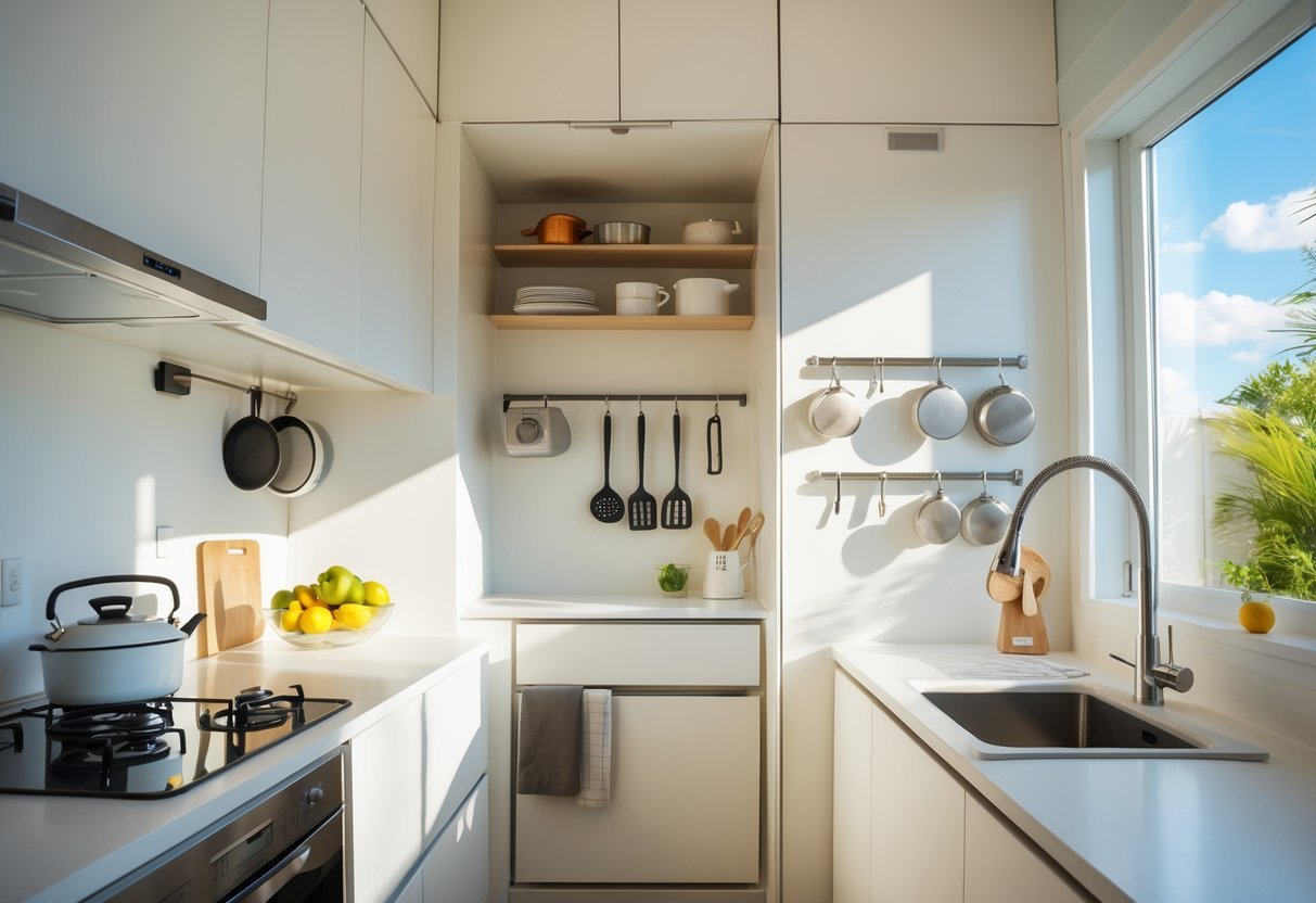 A small kitchen with tall cabinets and wall-mounted hooks holding utensils, showing organized vertical storage.