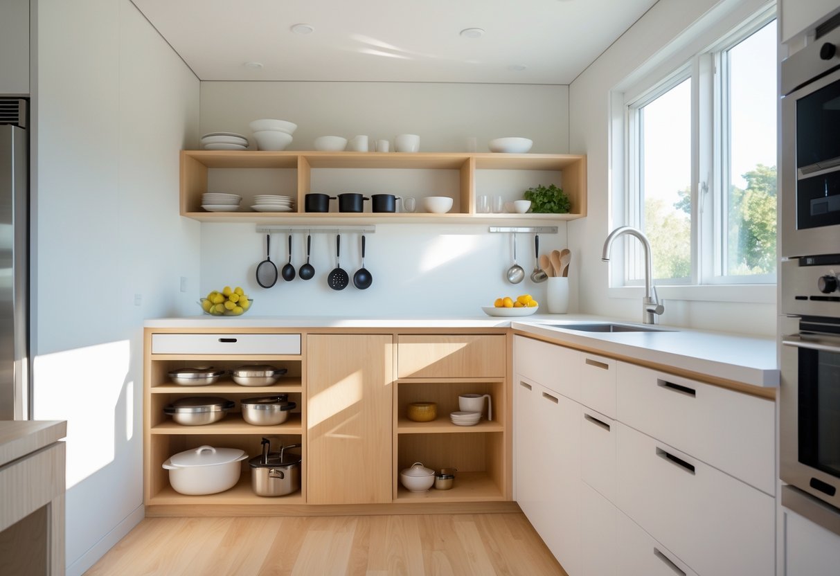 A small kitchen with a kitchen island that has built-in storage, surrounded by cabinets and appliances.