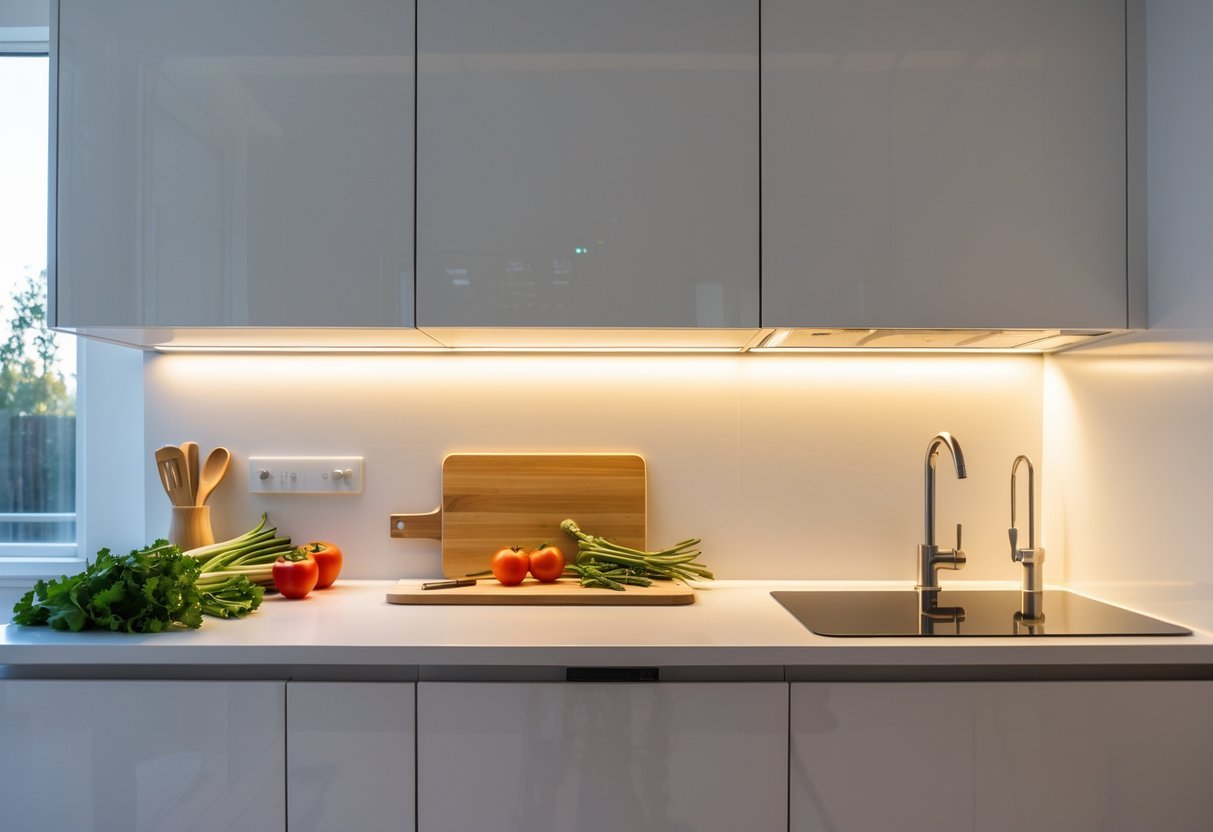 A modern kitchen countertop illuminated by under-cabinet lighting with fresh vegetables and a cutting board.