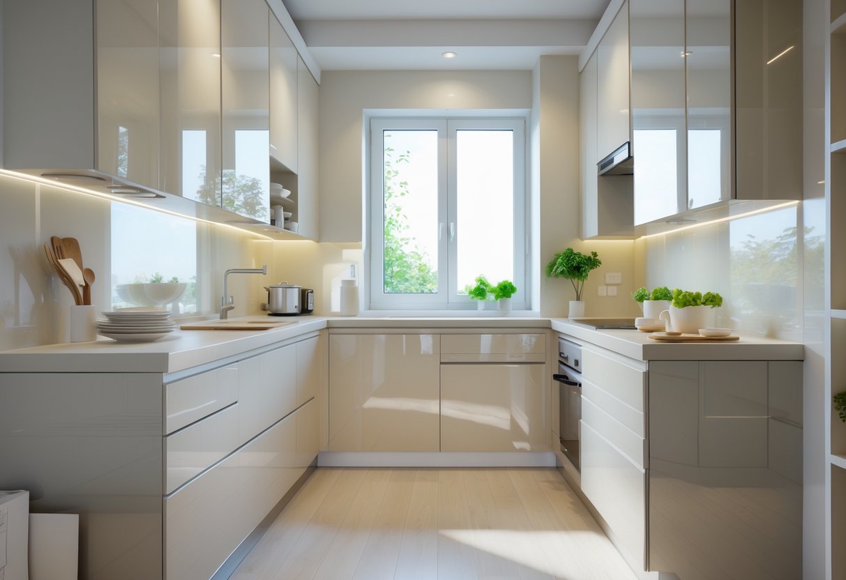 A small kitchen with light-colored walls and cabinets that reflect light, featuring compact storage and a bright window.