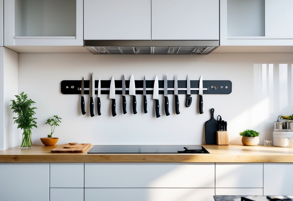 A kitchen countertop with a magnetic knife strip mounted on the backsplash holding several knives, showing an organized and clutter-free space.