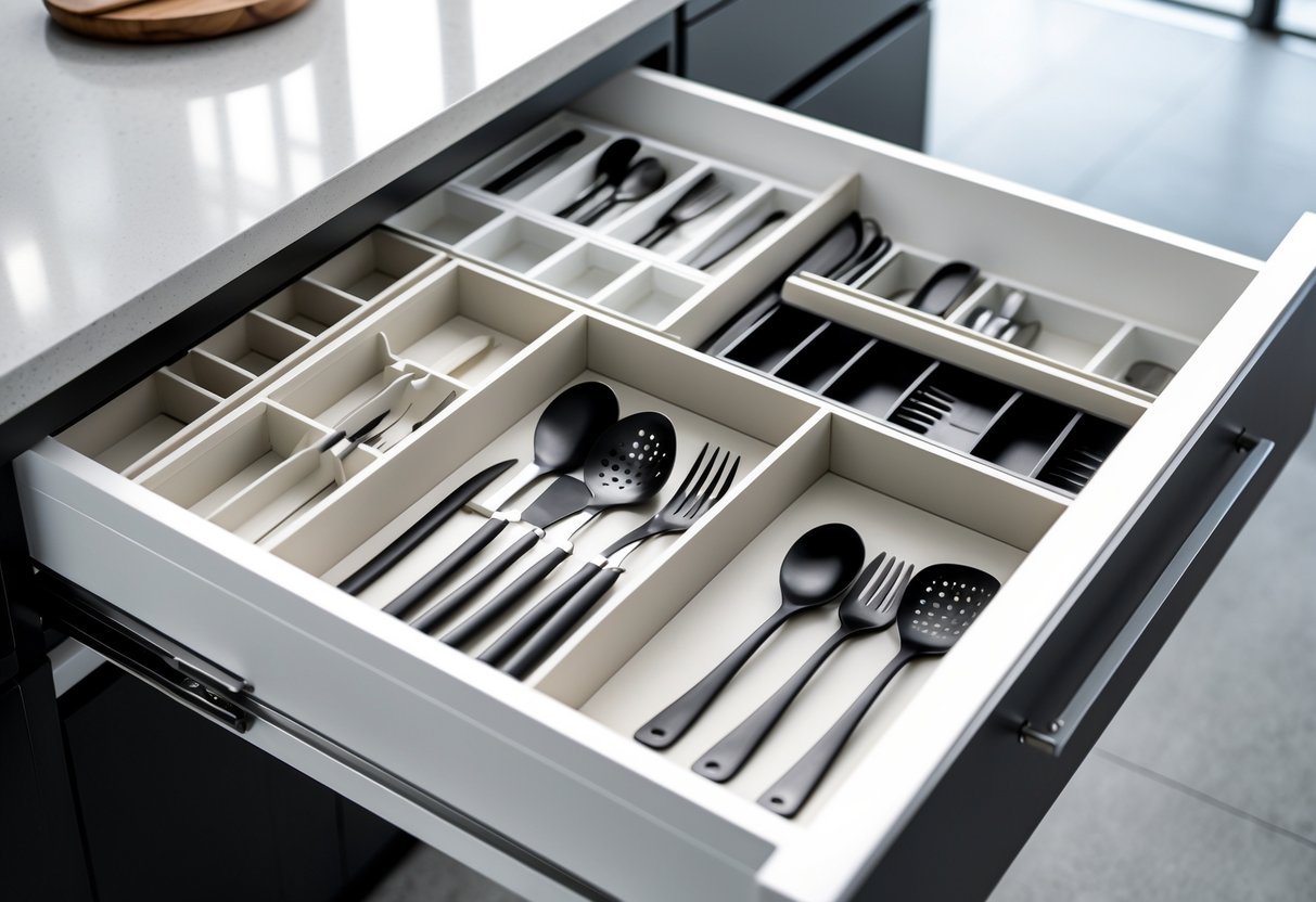 Open kitchen drawer with neatly arranged dividers organizing utensils and cooking tools.
