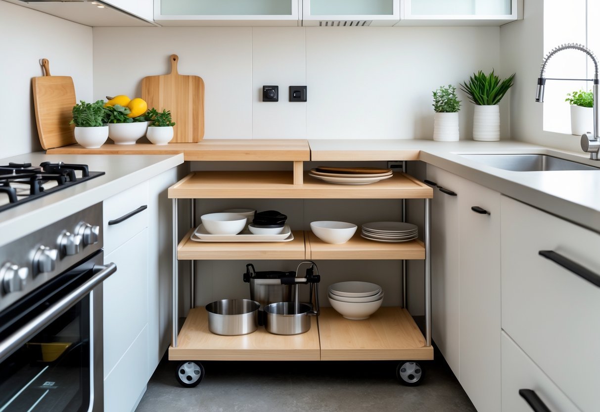 A small kitchen with a narrow rolling cart next to the countertop used for extra storage and workspace.