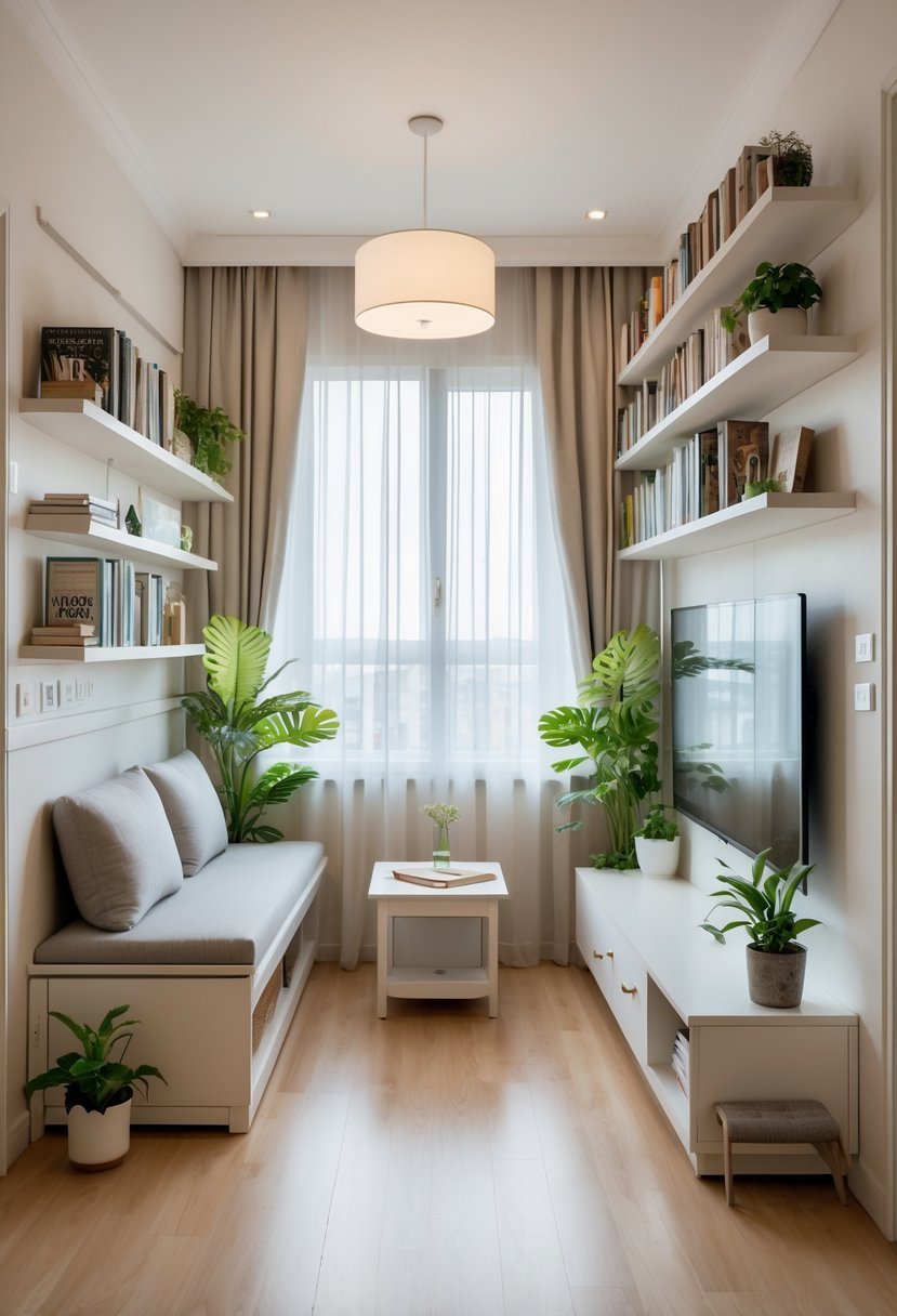 A small living room with a compact sofa, wall shelves, indoor plants, and a reading nook illuminated by natural light.