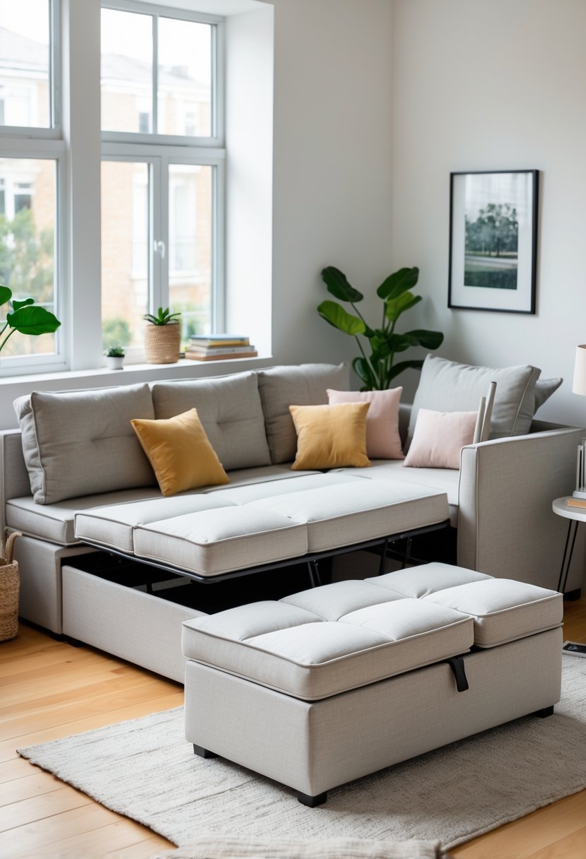 Small living room with a storage ottoman and a partially extended fold-out sofa, bright and organized.