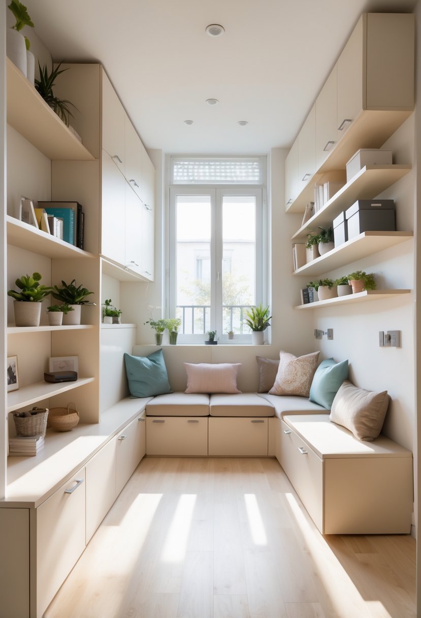 Small living room with built-in shelves and wall-mounted storage, featuring a compact sofa and organized decor.