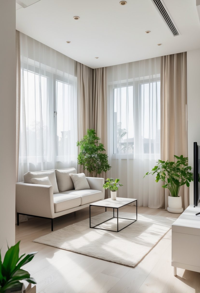 A small living room with a sofa, coffee table, large windows, and plants, arranged to maximize space and light.