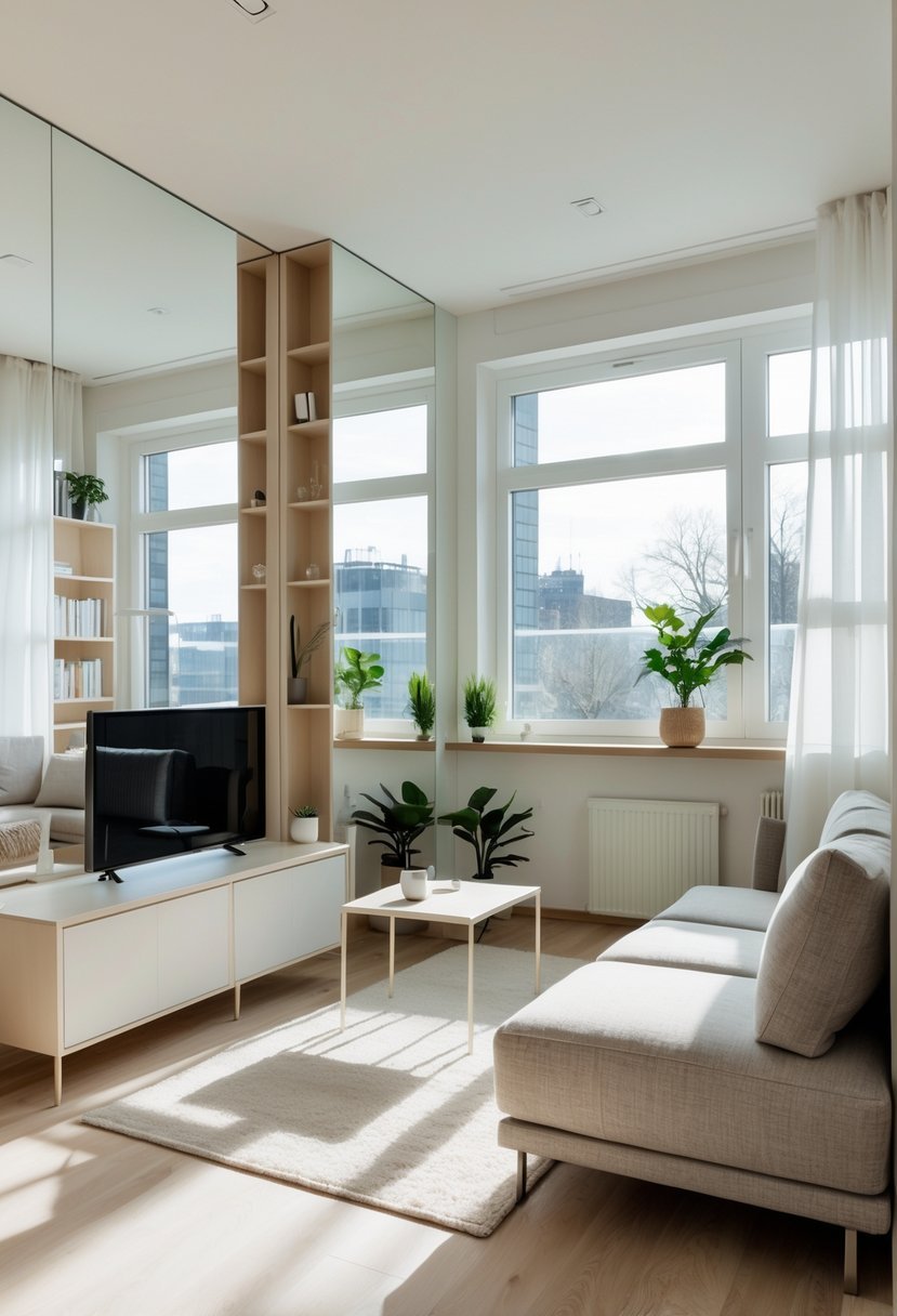 Small living room with large mirrors reflecting sunlight, a compact sofa, coffee table, and plants.
