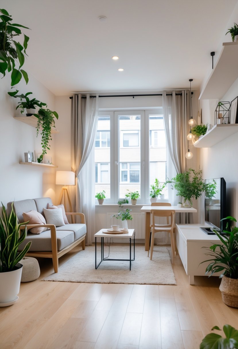 A small living room with distinct seating and dining areas arranged neatly without clutter.