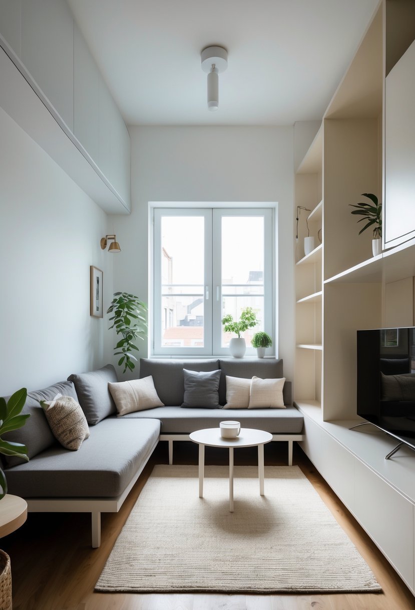 A small living room with slim furniture and natural light, arranged to maximize floor space.
