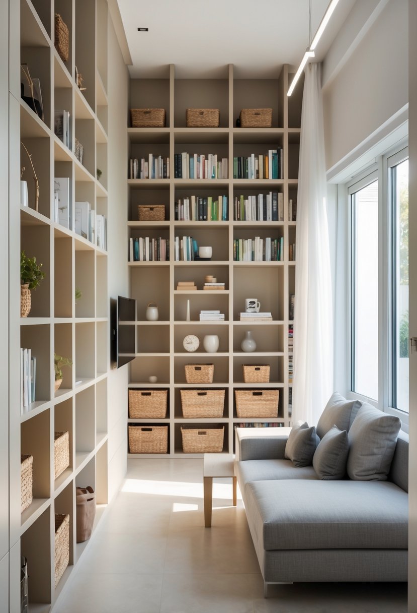 A small living room with tall shelving units extending to the ceiling, filled with books and decor, featuring a compact sofa and bright natural light.