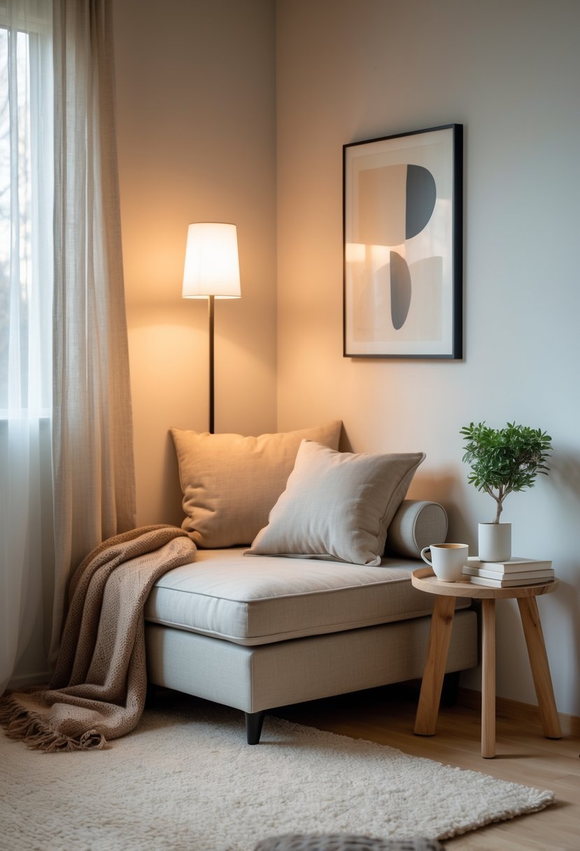 A small living room corner with a cushioned corner sofa, side table with books and tea, a floor lamp, and a plant by a window with sheer curtains.