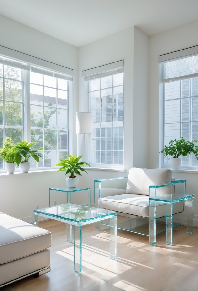 A small living room with glass furniture, a compact sofa, natural light, and plants creating an open and spacious feel.