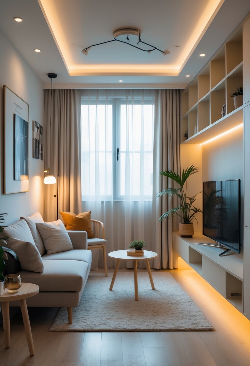 Small living room with layered lighting, a sofa, coffee table, shelving, and decorative plants.