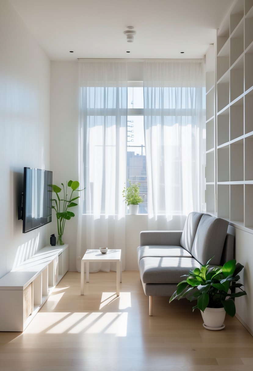 A small living room filled with natural light from large windows with minimal coverings, featuring compact furniture and plants.