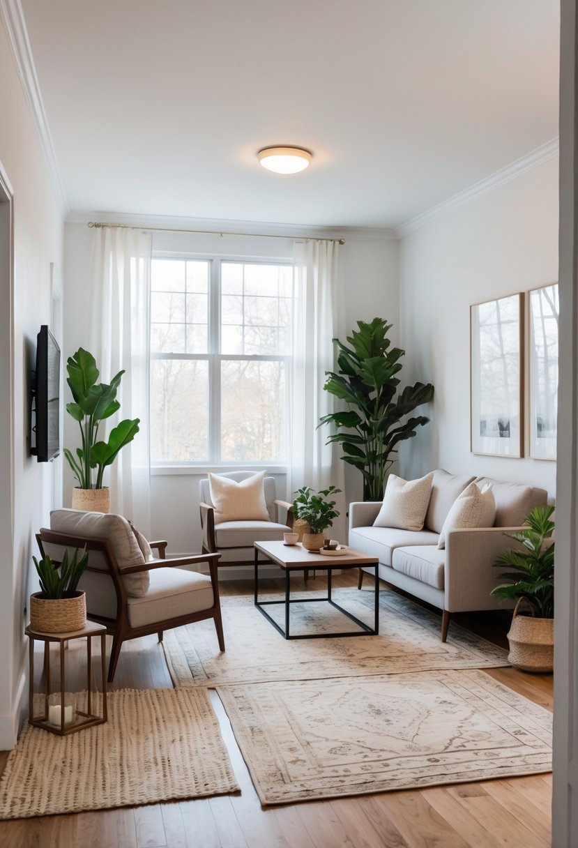 A small living room with a sofa, armchairs, coffee table, and multiple area rugs defining different zones in the space.