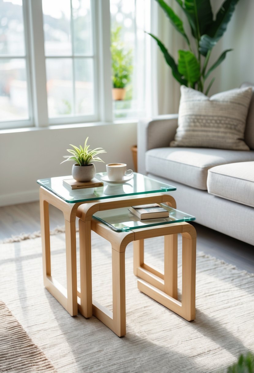 A small living room with nesting tables beside a sofa, a plant, and a book, illuminated by natural light.