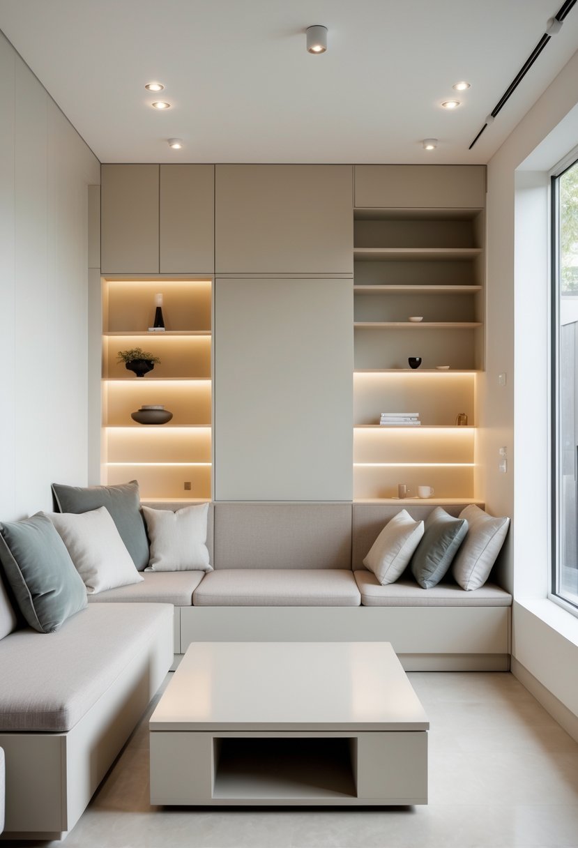 A small living room with a sofa, hidden storage compartments, and a clean, organized layout.