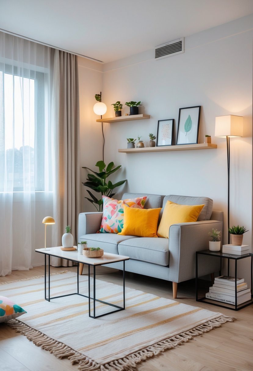 A small living room with a compact sofa, coffee table, floating shelves with plants, a tall floor lamp, and natural light coming through a window.