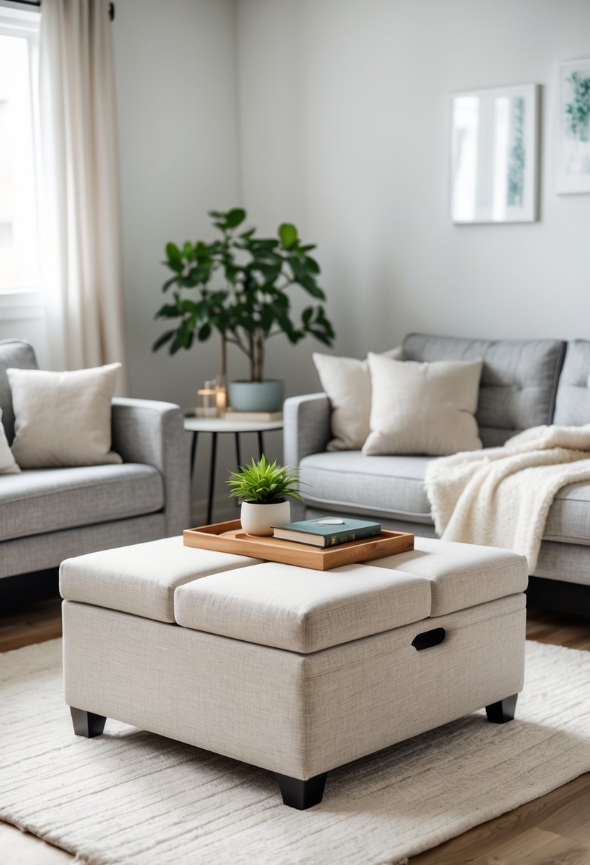 A small living room with a storage ottoman used as a coffee table, a compact sofa, and natural light coming through a window.