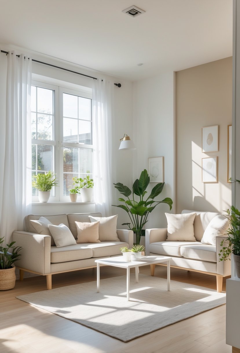 A small living room with light neutral-colored walls, a compact sofa, coffee table, plants, and sunlight coming through large windows.