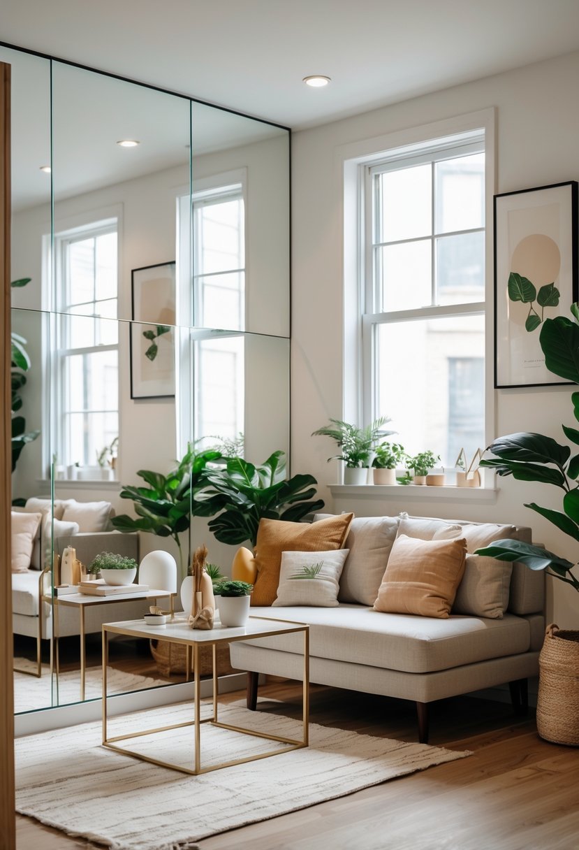 Small living room with mirrors on the walls reflecting the space, a sofa, coffee table, plants, and natural light coming through a window.