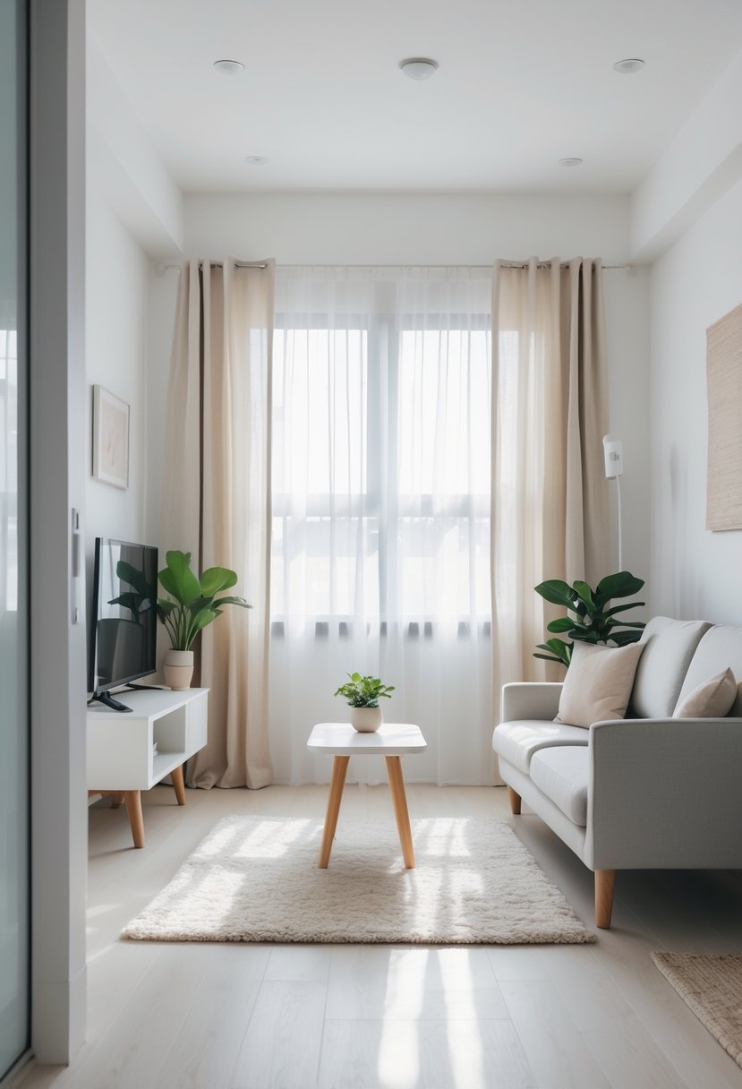 A small living room with furniture that has exposed legs, natural light, and simple decor creating an open and inviting space.