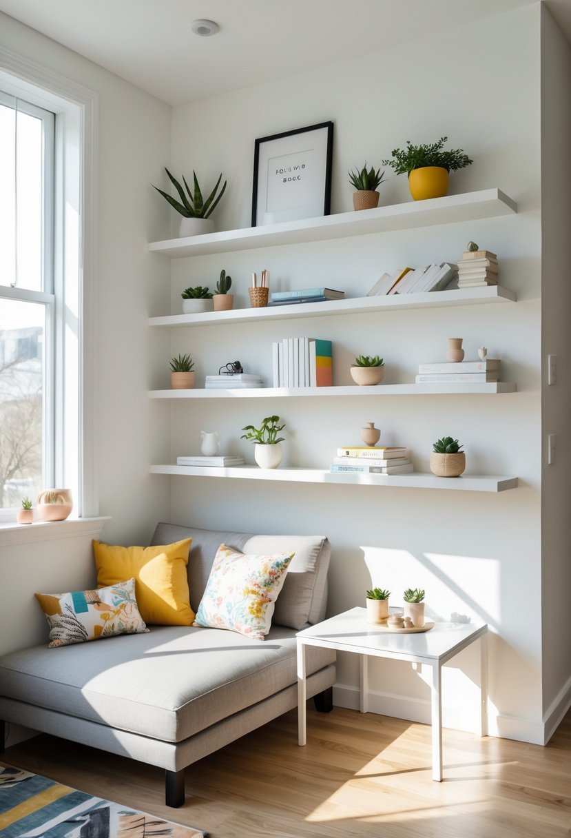 Small living room with floating shelves holding books and plants above a sofa near a window.